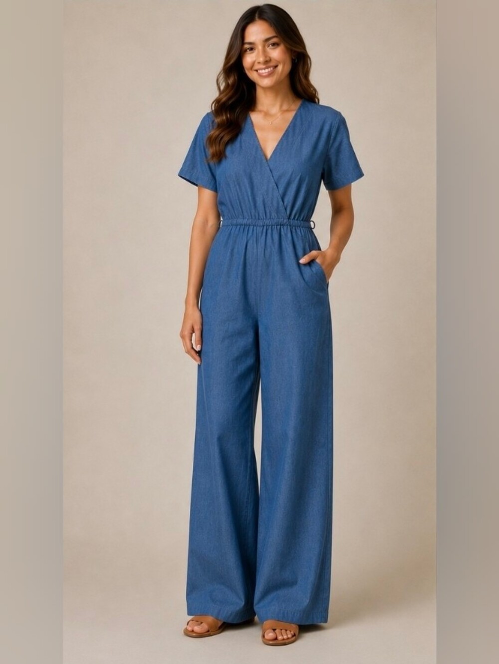 Emory Park | Chambray Jean like Short Sleeve Pant Romper Large